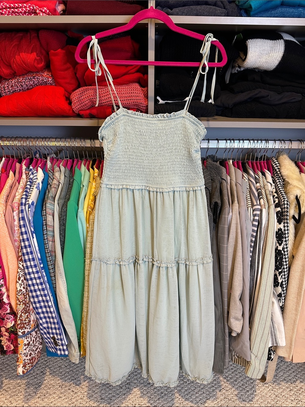She + Sky sage adjustable tie strap smocked lined midi dress size S